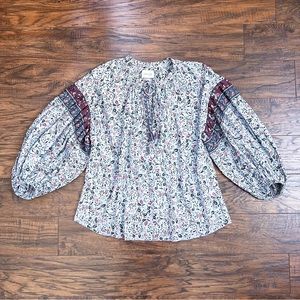 SAYLOR • blue floral peasant top blouse popover bohemian puff sleeve voile